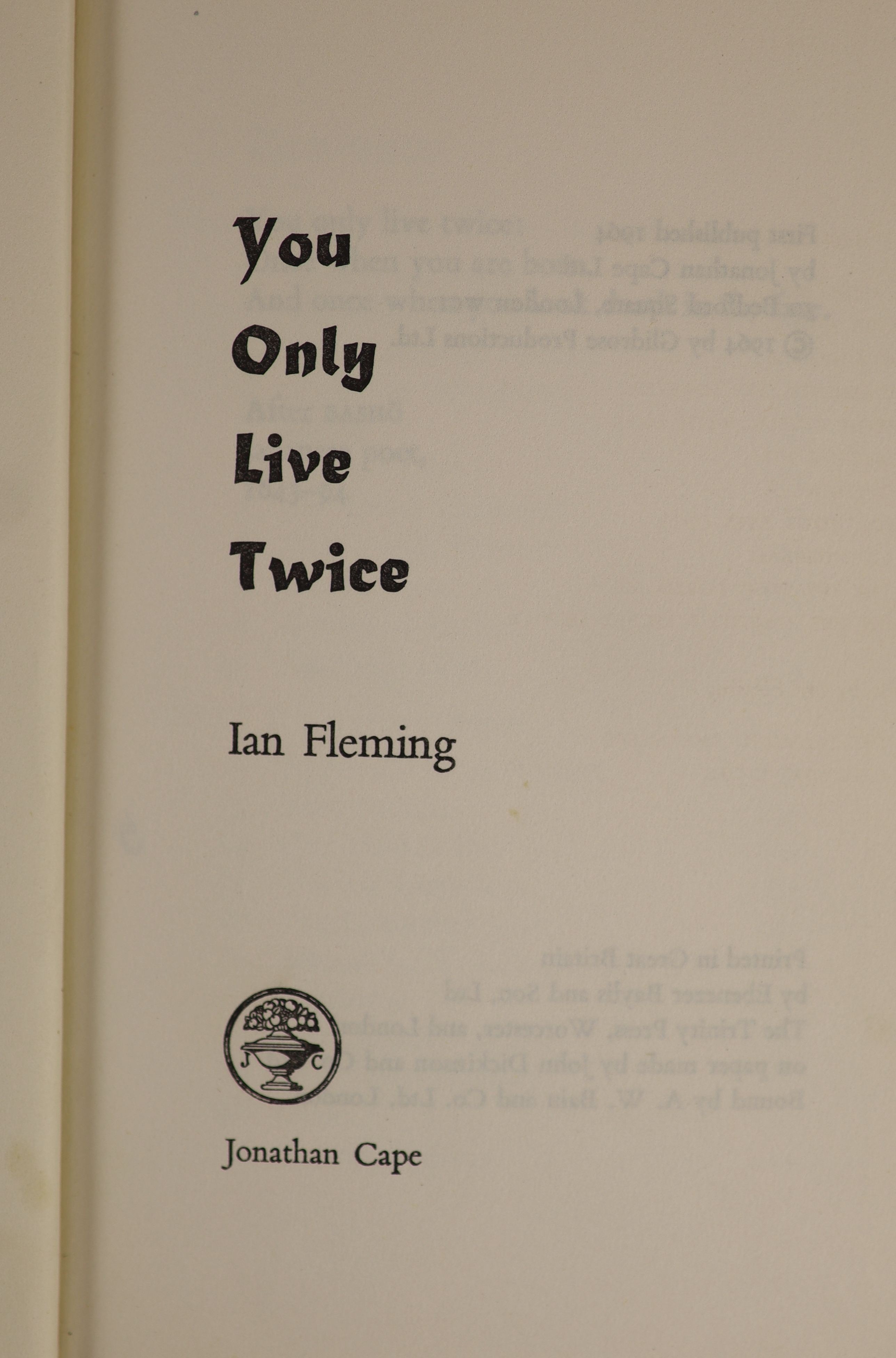 Fleming, Ian - You Only Live Twice, 1st edition, 8vo, black cloth with strip of seven gilt-stamped Japanese characters, with unclipped d/j, Jonathan Cape, London, 1964